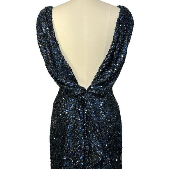 Mac Duggal 26331 Blue Cowl Back Boat Neck Sequined Evening Gown | Size 10 - Picture 3 of 12